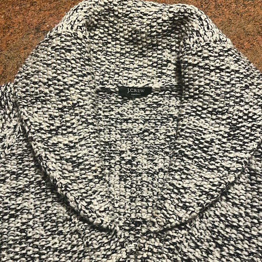 J. Crew large gauge fine wool handknit salt and pepper shawl collar cardigan.